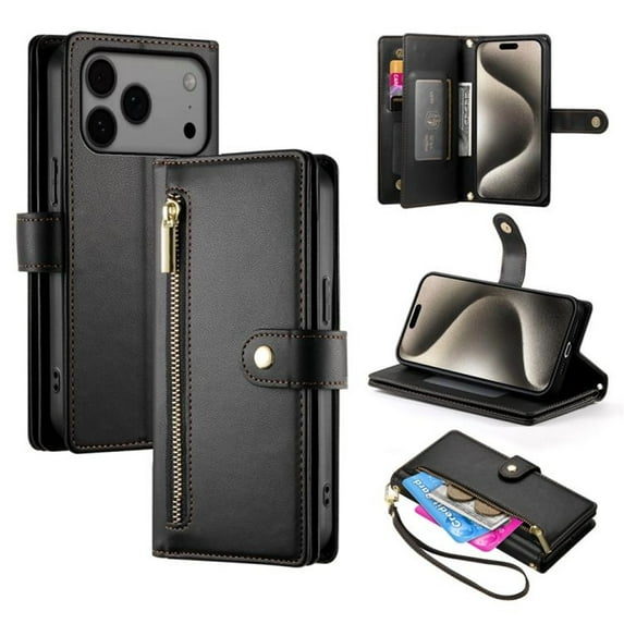 For iPhone 17 Pro Max 6.9-inch Wallet Case for Women Men Multi-Card Slots Zipper Pocket Lanyard Strap Wristlet Leather Phone Case,Black,For iPhone 17 Pro Max