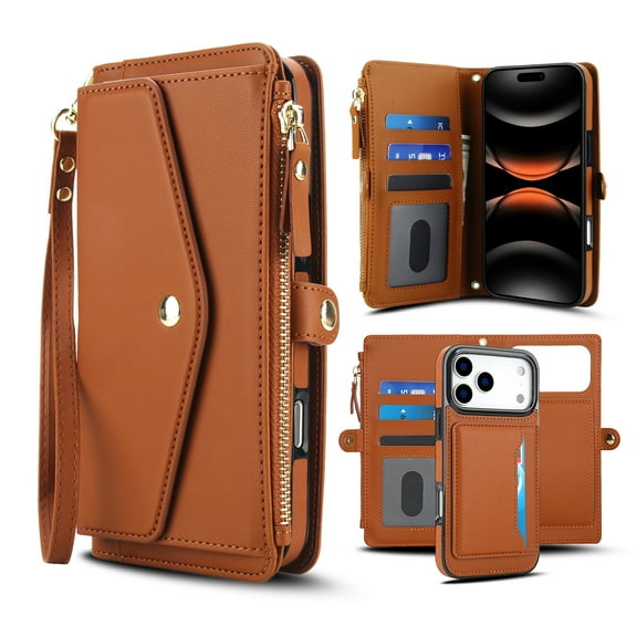 for iPhone 17 Pro Max Adjustable Shoulder Strap & Wrist Strap Detachable Magnetic Wallet Case, Zipper Pocket & RFID Blocking Card Slots, PU Leather Full Body Protection Rugged Phone Case, Brown