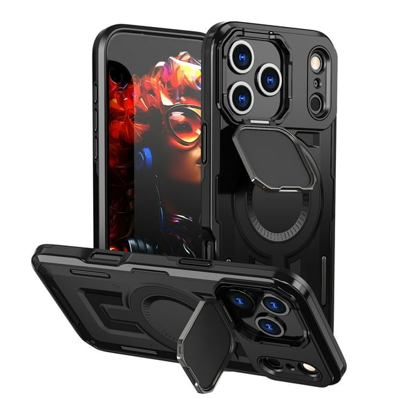 for iPhone 17 Pro Max Armor Case with Stand, [Compatible with MagSafe] [Built-in Camera Cover Kickstand] Heavy Duty Rugged Strong Magnetic Hard Phone Case for iPhone 17 Pro Max, Black
