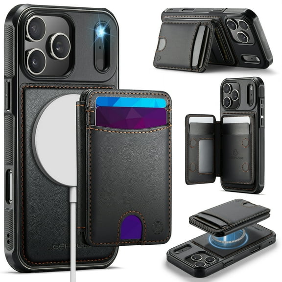 for iPhone 17 Pro Max Back Case + Detachable Magnetic Card Slots, Classic Kickstand RFID Blocking Shockproof Protective PU Leather + TPU 2 In 1 Wallet Case for iPhone 17 Pro Max, Black