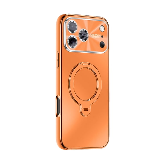 for iPhone 17 Pro Max Back Cover with Ring Kickstand, Luxury PC+TPU Glossy Slim Fit Shock-Absorbent Anti-Scratch Anti-Fingerprint Lens Protection Phone Cover for iPhone 17 Pro Max, Orange