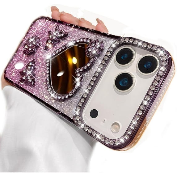 for iPhone 17 Pro Max Bling Case, Shockproof Luxury Shiny Diamond 3D Butterfly Glitter Case Girls Woman Thin Soft Phone Cover Love Heart Makeup Mirror for iPhone 17 Pro Max 6.9 inch, Purple