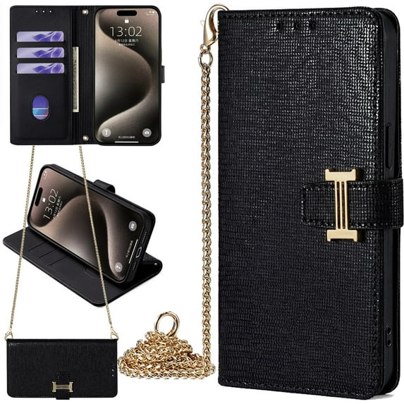 for iPhone 17 Pro Max Bling Phone Case with Metal Shoulder Strap, Sparkly Shiny Checkered Folio Flip Cover Women Girl, Magnetic Buckle, Card Holder Cash Slot, Stand Support