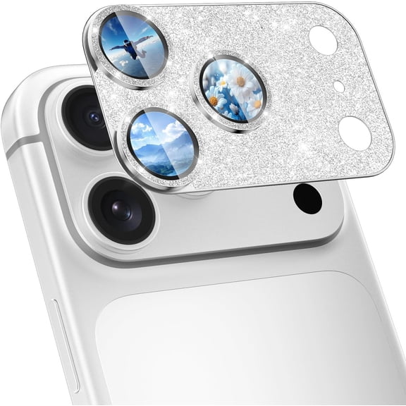 for iPhone 17 Pro Max Camera Lens Protector Glitter, [ALL Metal] Tempered Glass Shiny Diamond Camera Cover Plate Sparkle Screen Protection, 9H Anti-Scratch & Easy Install, Bling Sliver