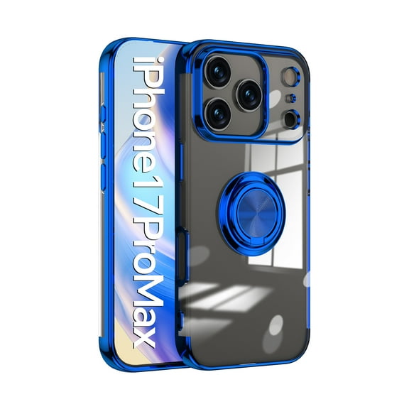 for iPhone 17 Pro Max Case, [360° Ring Stand] Crystal Clear [Electroplated Edge] Silicone Soft TPU [Shockproof Protection] Thin Cover Compatible with iPhone 17 Pro Max, Blue