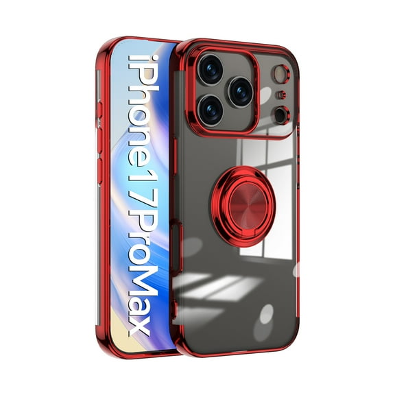 for iPhone 17 Pro Max Case, [360° Ring Stand] Crystal Clear [Electroplated Edge] Silicone Soft TPU [Shockproof Protection] Thin Cover Compatible with iPhone 17 Pro Max, Red