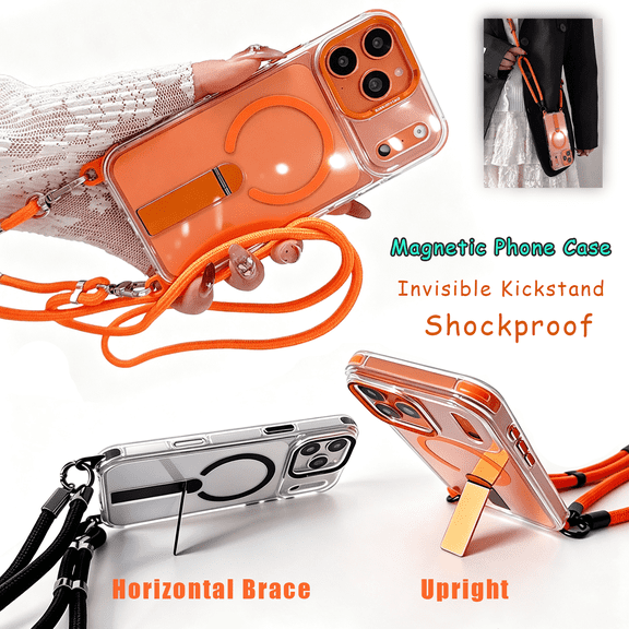 for iPhone 17 Pro Max Case with Adjustable Lanyard Strap, Invisible Kickstand, Compatible with MagSafe, Drop&Shockproof Military-Grade Protection, Magnetic Phone Case, Classic Clear Orange