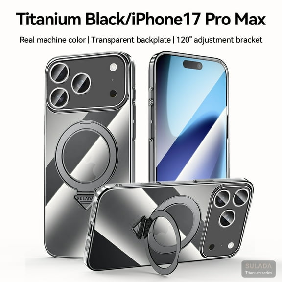 for iPhone 17 Pro Max Case with Adjustable Magnetic Ring Kickstand, Plating Frame + Clear Back, Shock-Absorbent PC Metal Protective Cover, Wireless Charging Compatible, for iPhone 17 Pro Max, Black