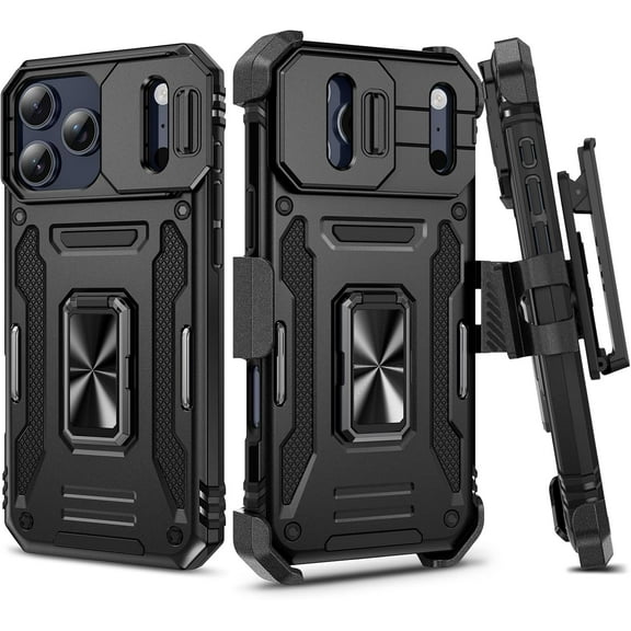 for iPhone-17-Pro-Max Case, with Belt Clip Holster & Slide Camera Cover & 360°Rotatable Ring Kickstand Military Grade Heavy Duty Protection Shockproof Case for iPhone 17 ProMax 2025 - Black