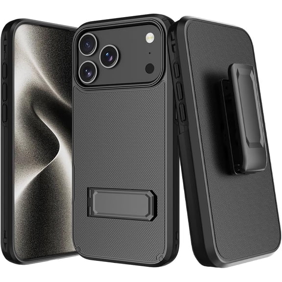 For iPhone 17 Pro Max Case with Belt Clip, Rugged Dual-Layer Protection, Shockproof 17 Pro Max iPhone Holster case Belt Clip, Slim Wireless Charging Compatiblem Kickstand 6.9”- Black