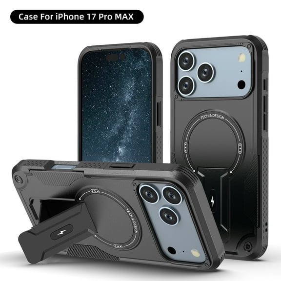 for iPhone 17 Pro Max Case, Built-in Kickstand, Compatible with Magsafe, Luxury Military-Grade Armor Shockproof Drop Protective Rugged Cover Hybrid Cell Phone Case for iPhone 17 Pro Max - Black