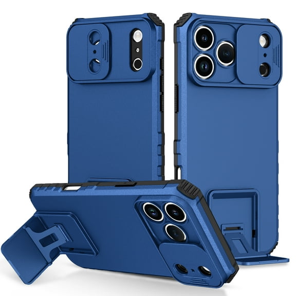 for iPhone 17 Pro Max Case with Camera Lens Slide Protection, Armour Silicone TPU Bumper Tough PC Cover Kickstand, Military Shockproof Absorption Case for iPhone 17 Pro Max,
Blue