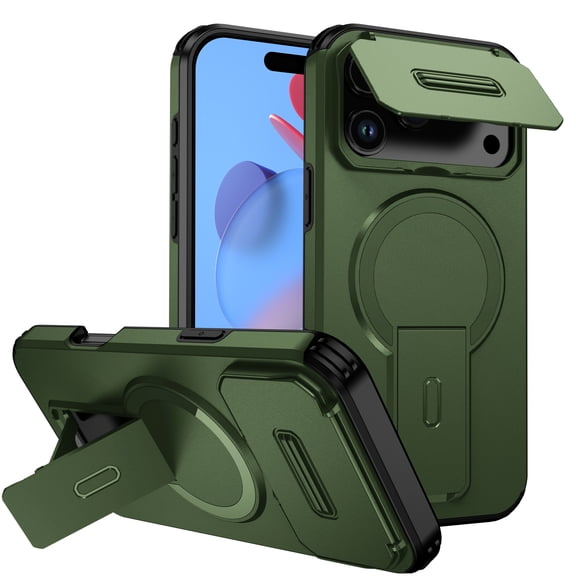 for iPhone 17 Pro Max Case with Camera Sliding Cover & Adjustable Kickstand, Magnetic Wireless Charging Rugged Shockproof Bumper Cases Heavy-Duty Magnetic Protective Phone Cover, Green