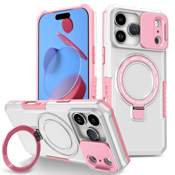 for iPhone 17 Pro Max Case with Camera Sliding Cover, [Compatible with MagSafe] with Magnetic Ring Kickstand, Military Grade Heavy Duty Protection Phone Case for iPhone 17 Pro Max, Pink + White