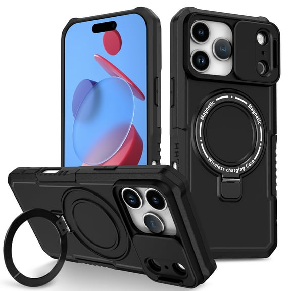 for iPhone 17 Pro Max Case with Camera Sliding Cover, [Compatible with MagSafe] with Magnetic Ring Kickstand, Military Grade Heavy Duty Protection Phone Case for iPhone 17 Pro Max, Black