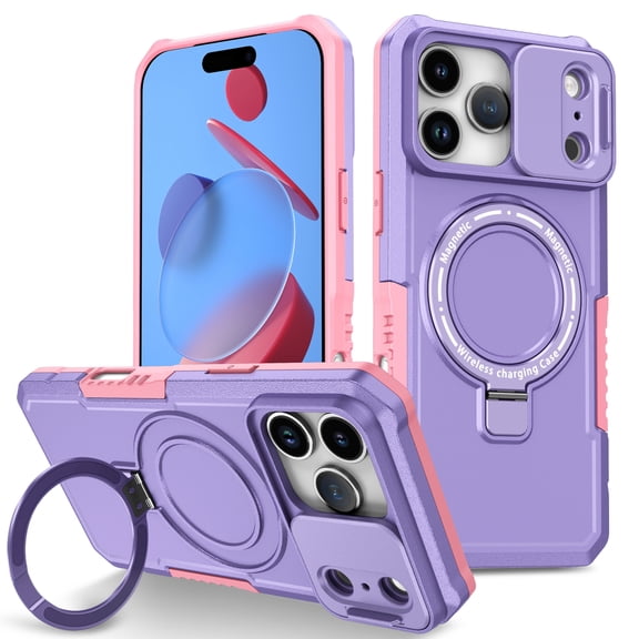 for iPhone 17 Pro Max Case with Camera Sliding Cover, [Compatible with MagSafe] with Magnetic Ring Kickstand, Military Grade Heavy Duty Protection Phone Case for iPhone 17 Pro Max, Purple