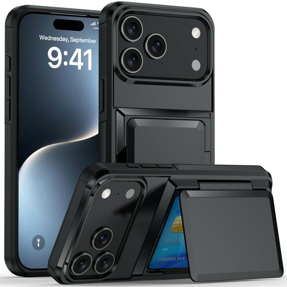 For iPhone 17 Pro Max Case with Card Holder Heavy Duty Protective Kickstand Dual Layer Shockproof Hidden Card Slot Slim Wallet Military Protection Rugged Case for iPhone 17 Pro Max,Black