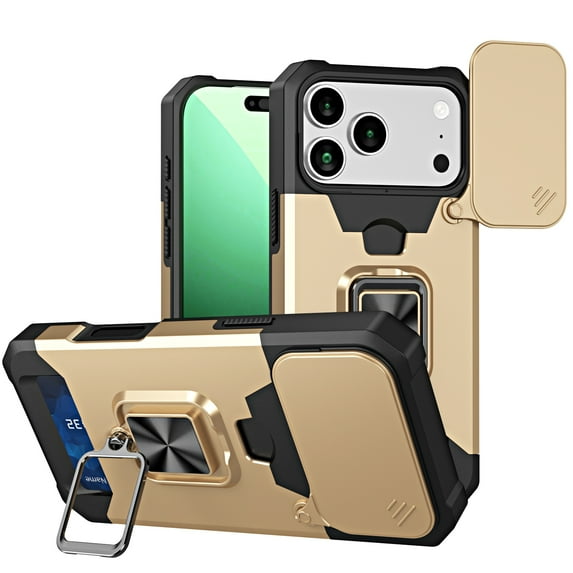 for iPhone 17 Pro Max Case with Card Holder Ring Kickstand Sliding Camera Cover iPhone 17 Pro Max Case Heavy Duty Protection Shockproof Rugged for iPhone 17 Pro Max Phone Cover, Gold