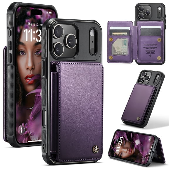 For iPhone 17 Pro Max Case with Card Holder, Wallet Flip Cover Case with RFID Blocking, Durable Leather Kickstand Magnetic Clasp Shockproof Phone Case for Women Men,Purple