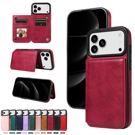for iPhone 17 Pro Max Case with Card Slots, PU Leather Protective Shockproof Case with Ring Buckle, Magnetic Clasp Kickstand Cover for Women Men for iPhone 17 Pro Max - Winered