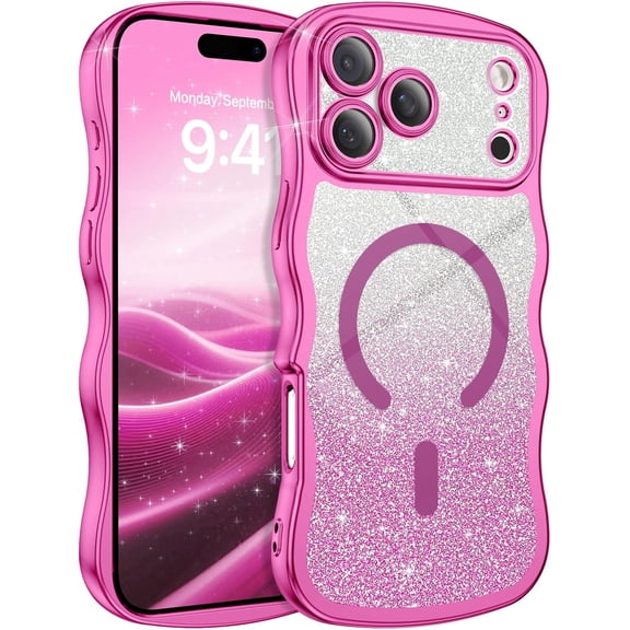 for iPhone 17 Pro Max Case Clear, [Compatible with MagSafe][Full Camera Protection][Cute Wave Frame][DIY Glitter Cardstock] Electroplated Wavy Shockproof 17ProMax Phone Case 6.9", Hot Pink