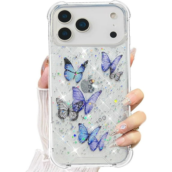 for iPhone 17 Pro Max Case, Clear Cute Butterfly Flexible TPU Bling Stars Sparkle Glitter Anti-Scratch Shockproof Protective Phone Cover for Women Girls for iPhone 17 Pro Max 6.9 inch, Purple