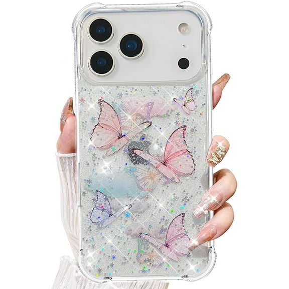 for iPhone 17 Pro Max Case, Clear Cute Butterfly Flexible TPU Bling Stars Sparkle Glitter Anti-Scratch Shockproof Protective Phone Cover for Women Girls for iPhone 17 Pro Max 6.9 inch, Pink