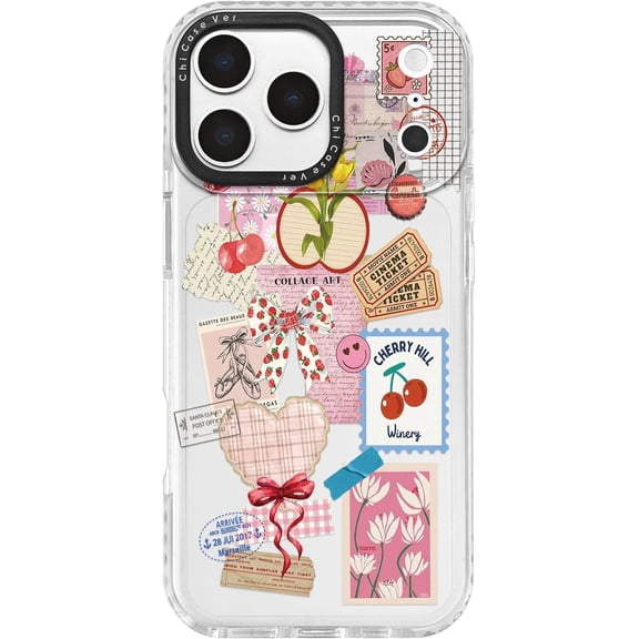 for iPhone 17 Pro Max Case, Clear Summer Cherry Bows Strawberry Design Collage, Military-Grade Drop Protection, Cute Vintage TPU Protective Cover with Camera Control for Girls Teens