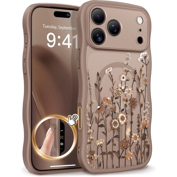 for iPhone 17 Pro Max Case Compatible with MagSafe [Curly Wave Edge][Full Camera Protection] Floral Translucent Shockproof Magnetic Women Phone Case for 17 Pro Max, Floratopia/Brown