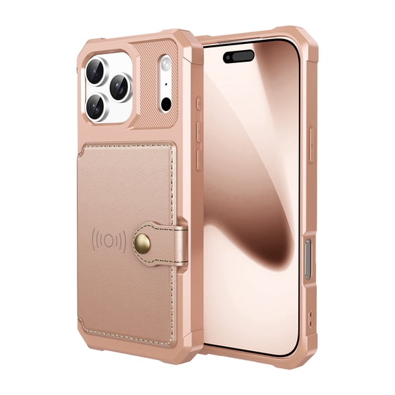for iPhone 17 Pro Max Case with Credit Card Holder, Magnetic Back Flip Case PU Leather Wallet Cover for Women Men, All-Round Shockproof Rugged Protective Phone Case for iPhone 17 Pro Max, Rosegold