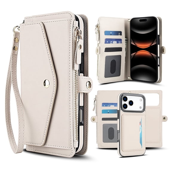 for iPhone 17 Pro Max Case Crossbody Wallet Detachable Magnetic Case: Cover with Card Holder and Zipper Pocket, Detachable Shoulder & Wrist Strap Secure RFID Blocking Protection,White