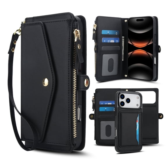 for iPhone 17 Pro Max Case Crossbody Wallet Detachable Magnetic Case: Cover with Card Holder and Zipper Pocket, Detachable Shoulder & Wrist Strap Secure RFID Blocking Protection,Black