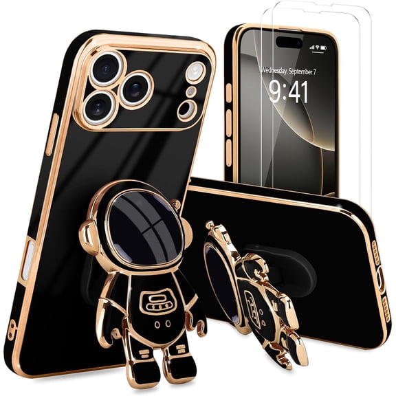for iPhone 17 Pro Max Case, Cute 3D Astronaut Stand with [2 Screen Protector] [Camera Protection] Kickstand Shockproof Silicone Soft Back Cover for Apple iPhone 17 Pro Max Phone Case, Black