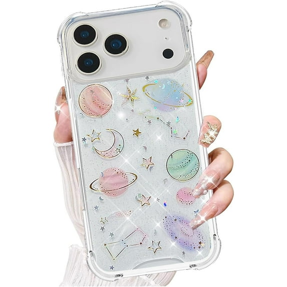 for iPhone 17 Pro Max Case, Cute Bling Clear Planet Universe Flexible TPU Stars Sparkle Glitter Anti-Scratch Shockproof Protective Phone Cover for Girls Woman for iPhone 17 Pro Max, Planet