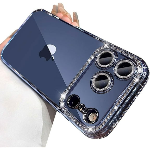 for iPhone 17 Pro Max Case, Cute Clear Glitter Bling Diamond Rhinestone Sparkly Case Camera Lens Protectors,Plating Protective Bumper Cover for Women Girls 6.9'' 2025, Blue