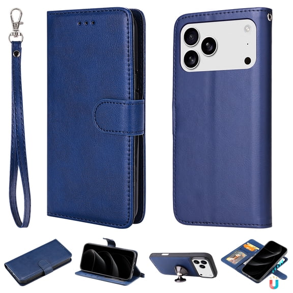 For iPhone 17 Pro Max Case Detachable Wallet, PU Leather Flip Folio Cover with Credit Card Holder, Money Pocket, Magnetic Closure, Hand Strap, Car Mount Support, Full Body Protection,Blue