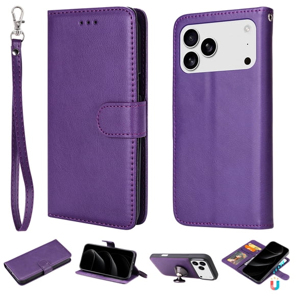 For iPhone 17 Pro Max Case Detachable Wallet, PU Leather Flip Folio Cover with Credit Card Holder, Money Pocket, Magnetic Closure, Hand Strap, Car Mount Support, Full Body Protection,Purple