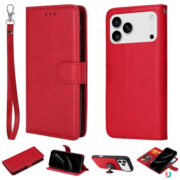 For iPhone 17 Pro Max Case Detachable Wallet, PU Leather Flip Folio Cover with Credit Card Holder, Money Pocket, Magnetic Closure, Hand Strap, Car Mount Support, Full Body Protection,Red