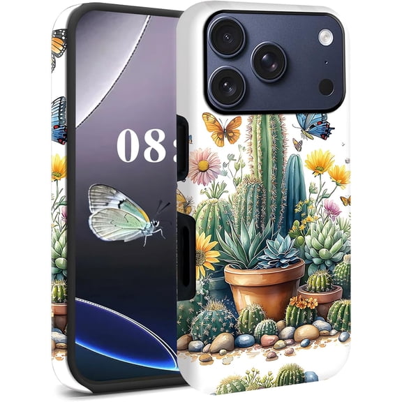 for iPhone 17 Pro Max Case, Dual Layer PC + Soft TPU Heavy Duty 2 in 1 Shockproof Protective Phone Case for iPhone 17 Pro Max (6.9") 2025 Cute Pattern – Flowers Cactus Succulents