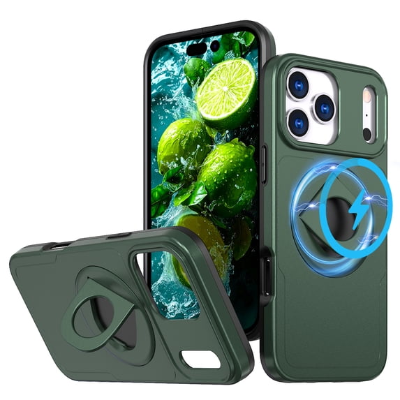 for iPhone 17 Pro Max Case with Kickstand Sliding Camera Cover, Military Grade Shockproof Portective Compatible with MagSafe Wireless Charger Slim Case Cover for iPhone 17 Pro Max, Darkgreen