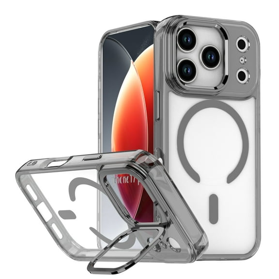 For iPhone 17 Pro Max Case, Magnetic Clear Case with Lens Kickstand, Full-Body Shockproof Protective Crystal Cover, Compatible with MagSafe, Anti-Yellowing Transparent Phone Cover,Black