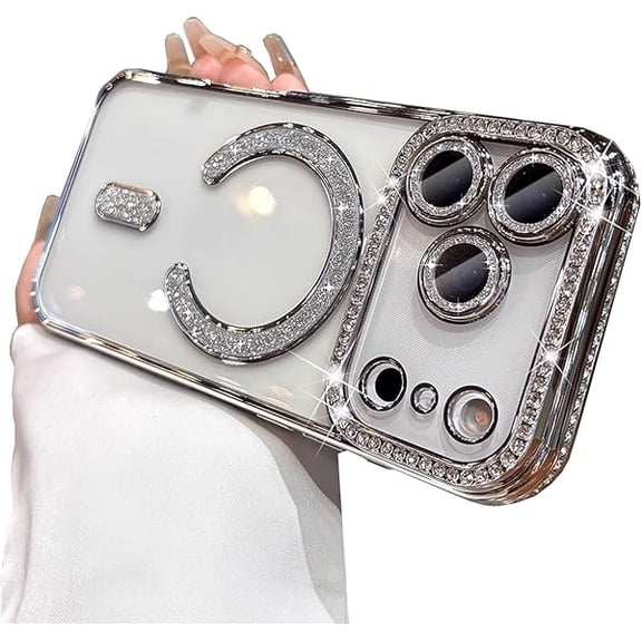for iPhone 17 Pro Max Case Magnetic, [Compatible with MagSafe] Women Cute Clear Glitter Bling Diamond Rhinestone Sparkly Case Camera Lens Protectors Plating Cover 6.9'' 2025, Silver