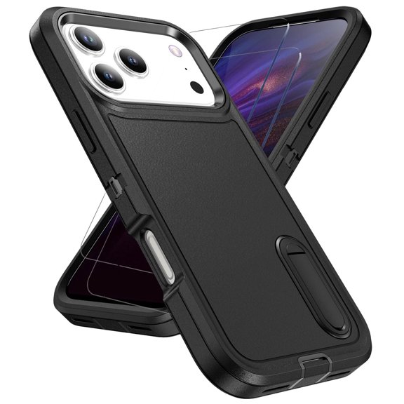 For iPhone 17 Pro Max Case,Military Grade Dual Layer Cover,With 2X Screen Glass Protector Film,Kickstand Dustproof Drop Proof Protective Phone Case Shell for iPhone 17 Pro Max 6.9"(Black)