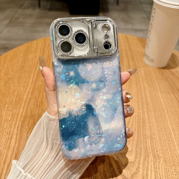 for iPhone 17 Pro Max Case with Mirror & Stand, Shockproof Non-Slip, Full-Body Protection, Glitter Gradient Design with Starry Sparkle and Pearl Texture,Blue