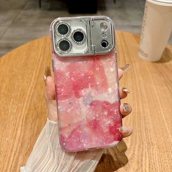for iPhone 17 Pro Max Case with Mirror & Stand, Shockproof Non-Slip, Full-Body Protection, Glitter Gradient Design with Starry Sparkle and Pearl Texture,Pink