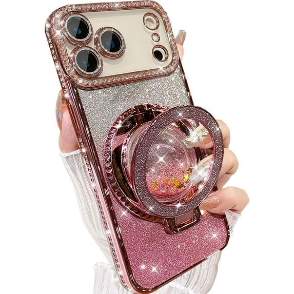 for iPhone 17 Pro Max Case, Moving Liquid Sparkle Glitter Case, Bling Flowing Rhinestones Kickstand Ring Cover with Shiny Glass Camera Lens Protector for Women Girls 6.9'' 2025, Pink