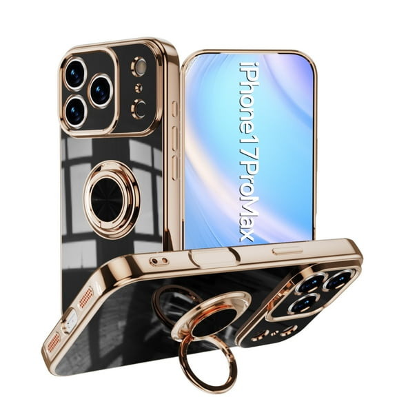 for iPhone 17 Pro Max Case with Ring Holder, iPhone 17 Pro Max Cover, Kickstand Magnetic Plating Frame TPU Shockproof Anti-Scratch Slim Girls Women Men Case Cover for iPhone 17 Pro Max, Black