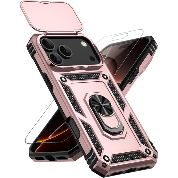 for iPhone 17 Pro Max Case, with Slide Camera Cover HD Screen Protector [Military Grade 16ft. Drop Tested] Ring Holder Kickstand Protective Phone Case for Apple iPhone 17 Pro Max, Rose Gold