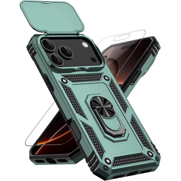 for iPhone 17 Pro Max Case, with Slide Camera Cover HD Screen Protector [Military Grade 16ft. Drop Tested] Ring Holder Kickstand Protective Phone Case for Apple iPhone 17 Pro Max, Dark Green