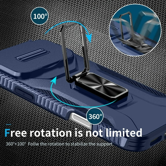 for iPhone 17 Pro Max Case with Sliding Camera Cover & Kickstand, 360° Rotate Metal Ring Bracket Impact-Resistant Shockproof Drop Protective Hand Grip, Support Magnetic Car Mount Case - Blue